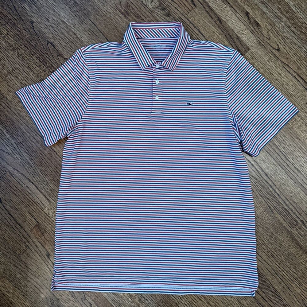 Vineyard Vines Performance Polo Men XL Red White Blue Stripe Golf Stretch Shirt